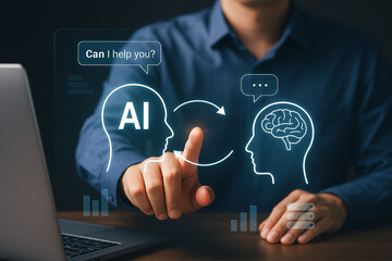 Fototapete - Man interacting with ai interface on laptop with ai head and brain graphic overlay and data bars