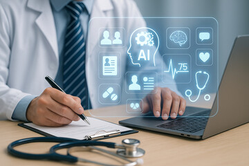 Poster - Doctor using laptop with ai interface while writing on clipboard in office setting with stethoscope