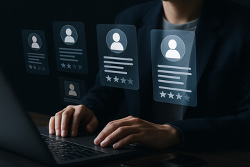 Poster - A person using a laptop with virtual profile cards displaying ratings above the keyboard area