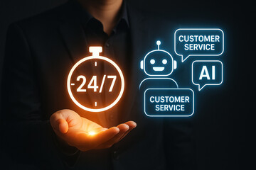Fototapete - Person holding a glowing twenty four seven clock with ai and customer service icons floating nearby