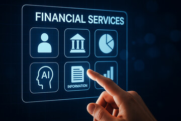 Poster - Finger touching information icon on financial services interface screen display panel view close up