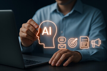 Fototapete - Artificial intelligence ai technology concept with human head and marketing icons for business growth