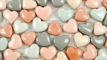 Pastel colored heart shaped objects arranged on a background.