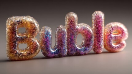 Fototapete - Bubble typography with galaxy effect and shiny highlights on a black backdrop, creating a captivating and dreamy aesthetic