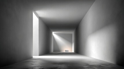 Aufkleber - Long Gray Concrete Hallway with Sunlight Illuminating a Structure at the End