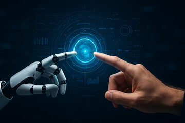 Poster - Human and robot hands touching virtual interface futuristic technology ai connection concept design