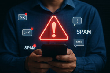 Poster - Spam email and phishing alert concept person using phone with red triangle warning sign and spam messages