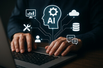 Fototapete - Artificial intelligence ai technology concept with person using laptop for data analysis 100