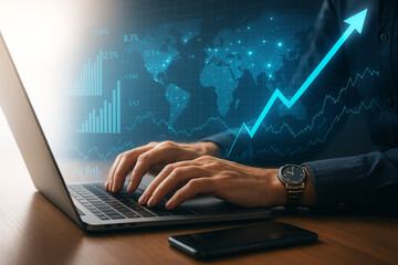 Poster - Analyzing stock market data on laptop for investment growth and financial success strategy online trading