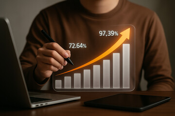 Poster - Business growth chart analysis with laptop and tablet for financial success and investment strategy planning