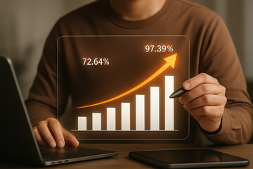 Poster - Financial growth chart analysis with laptop and tablet for business success and investment strategy planning