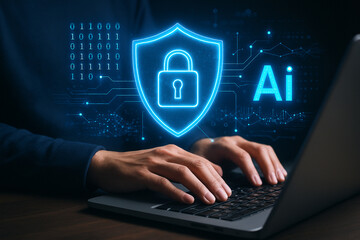Poster - Ai cybersecurity and data protection concept with shield and lock on laptop for secure online access