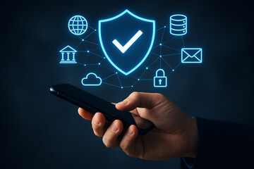 Poster - Mobile security concept smartphone in hand with shield and checkmark data protection cyber security  system