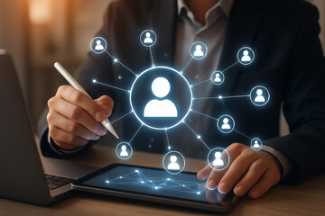 Poster - Business networking and connection concept with businessman using digital tablet for social media network
