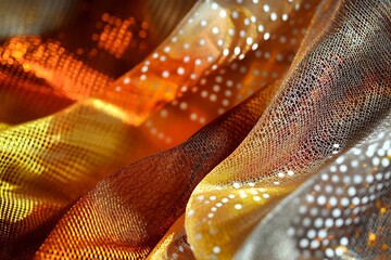 Abstract macro shot of flowing golden and orange sheer fabric with shimmering dots and textured mesh