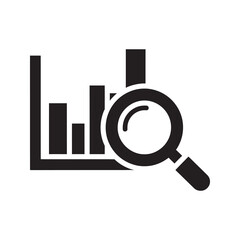 Poster - Data analysis icon with a magnifying glass over a bar chart for business research and financial market investigation showing statistics and trends vector solid glyph icon