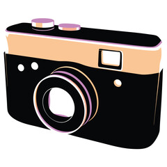 Poster - Stylized cartoon camera illustration in black orange and purple colors with white highlights on