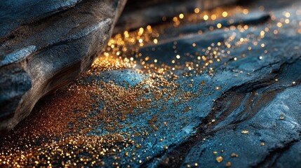 Poster - Glowing golden particles scatter across a blue and black textured rock surface under low light, creating a sparkling abstract composition