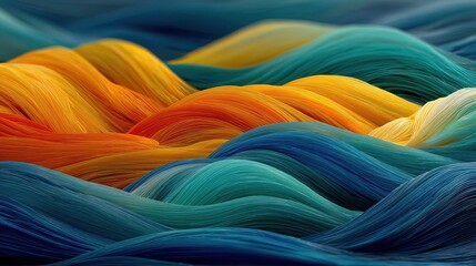 Fototapete - Artistic gradients wave surface formed with curved strands showing vibrant orange, yellow, green, and blue
