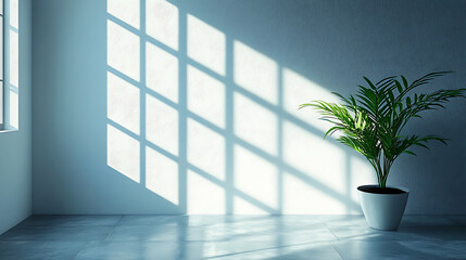 Poster - Interior with window light shadows and potted plant creates minimalist peaceful ambiance