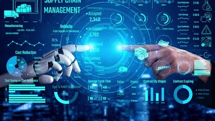 Poster - AI controls supply chain systems with virtual assistant monitoring, route optimization, and artificial intelligence for procurement, delivery, and warehouse tracking. Thunk