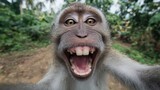 Laughing monkey selfie in jungle environment