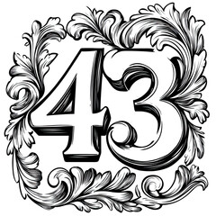 Poster - Ornate White Number 43 Inside Elegant Floral Frame on Transparent Background