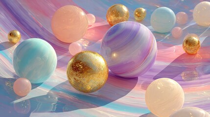 Poster - Colorful crystal spheres and cubes create abstract geometric landscape with soft light and watery reflections, creating a modern and dreamy aesthetic