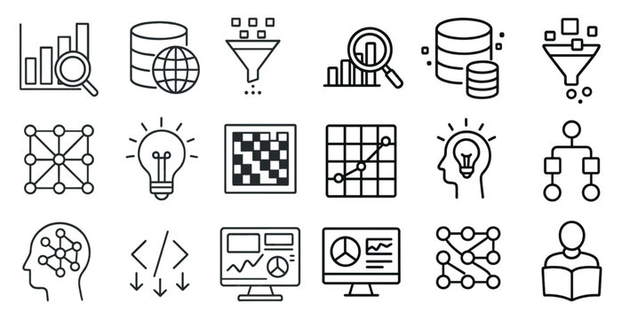 Collection of icons that represent various aspects of technology and data analysis. The icons include a light bulb, a computer monitor, a person, a globe, a magnifying glass, and a chessboard