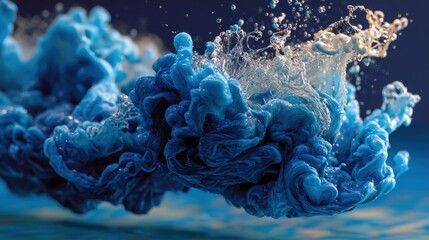 Poster - Captivating blue ink mixing with clear water, creating a visually stunning abstract splash and dynamic motion in a fluid environment
