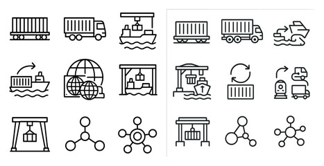 Aufkleber - Series of icons depicting various modes of transportation, including trucks, ships, and trains. The icons are all in black and white and are arranged in a grid. Scene is one of industry and commerce