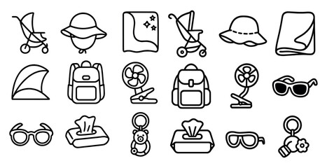collection of baby items including a stroller, a backpack, a fan, a bottle, a blanket, a hat, a toy,