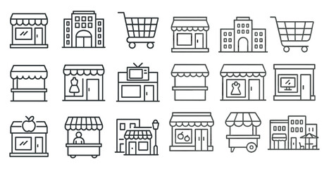 Aufkleber - Series of black and white icons of various types of stores, including a grocery store, a clothing store, and a restaurant