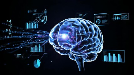 Poster - Human brain illustrating data processing and artificial intelligence concept with digital analytics and information flow, footage.