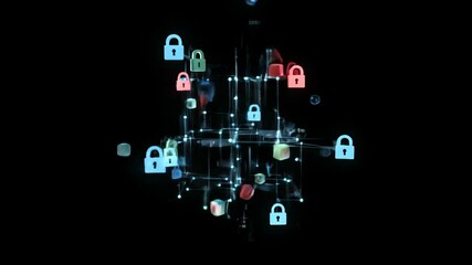 Poster - Digital security network with glowing cube and data locks in a blockchain animation footage.