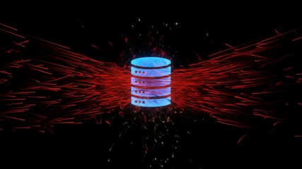 Poster - Blue database icon processing red data streams with intense activity for digital information management footage.