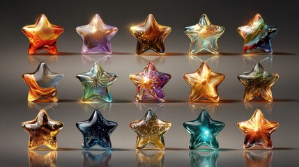 Fototapete - Five metallic golden stars gleam against a dark background and their reflections