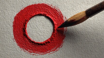 Aufkleber - Drawing red circle with paintbrush on gray paper creates a bold artistic design