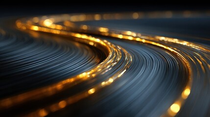 Fototapete - Golden flowing lines create abstract shapes with sparkling lights on a dark background, suggesting connectivity and flowing movement