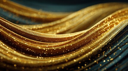 Fototapete - Golden flowing lines create abstract shapes with sparkling lights on a dark background, suggesting connectivity and flowing movement