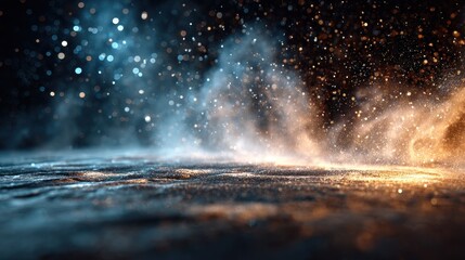 Poster - Abstract particles floating on a dark surface with colorful light blue and gold hues enhancing the atmospheric effect