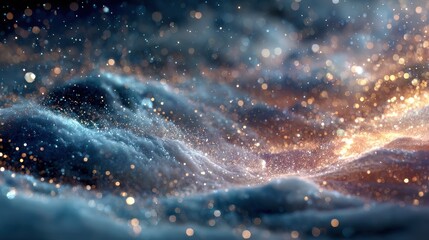 Poster - Abstract particles floating on a dark surface with colorful light blue and gold hues enhancing the atmospheric effect