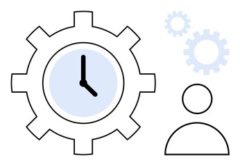 Poster - Clock inside gear with abstract person and smaller gears symbolizing productivity, time optimization, and teamwork. Ideal for scheduling, efficiency, planning, workflow, goal setting, and strategy