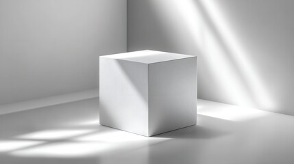Aufkleber - White cube sits in corner of bright room with shadows creating simple geometric elegance and showcasing space for product placement