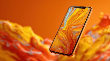 Poster - Orange mobile phone floating with yellow and orange abstract background displaying colorful screen saver with paint like pattern