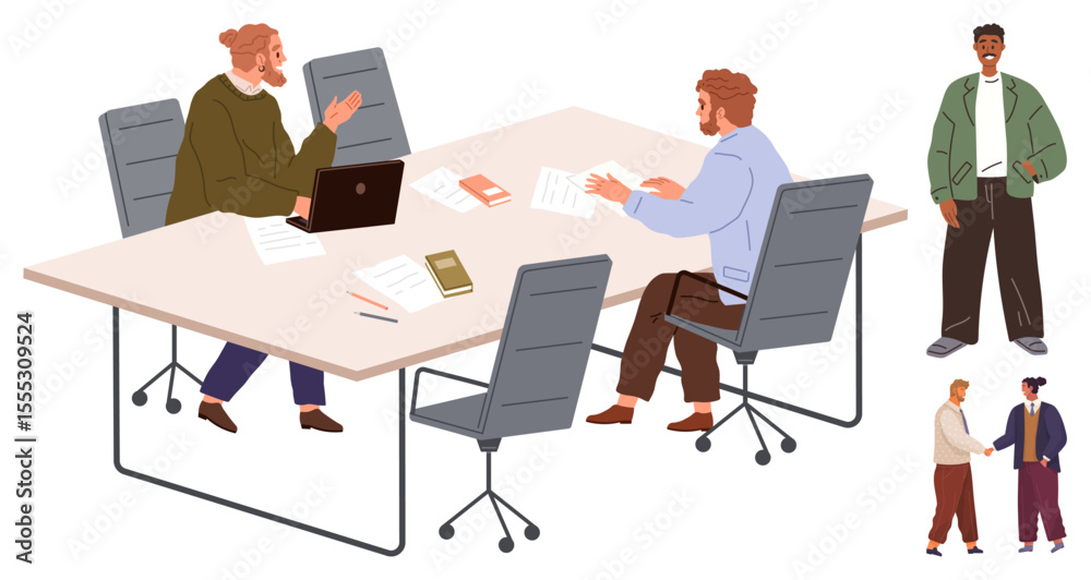 Team members collaborating at a desk with laptops and documents, while others socialize and interact nearby. Ideal for teamwork, diversity, communication, collaboration, workplace culture