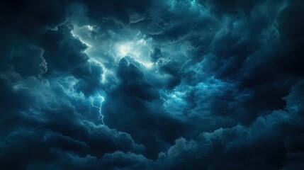 a dramatic sky filled with dark clouds and flashes of lightning at night, creating a mystical and po