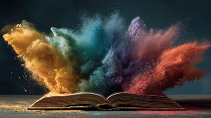 Poster - Open book with colorful powder clouds explosion against dark background shows imagination, creative, dreams and infinite possibilities