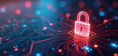 Poster - Digital security concept padlock icon on circuit board. Secure connection, data protection, cyber safety, privacy. Futuristic high tech design with data encryption, password protection, cybersecurity