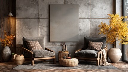 Poster - Serene interior features neutral tones, soft lighting, wooden furniture, and large picture windows, daytime